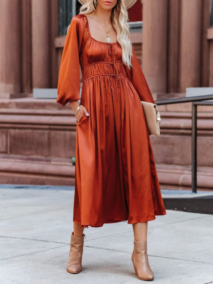 Maxi Dress Square Neck Long Sleeves Orange Red Floor Length Dress