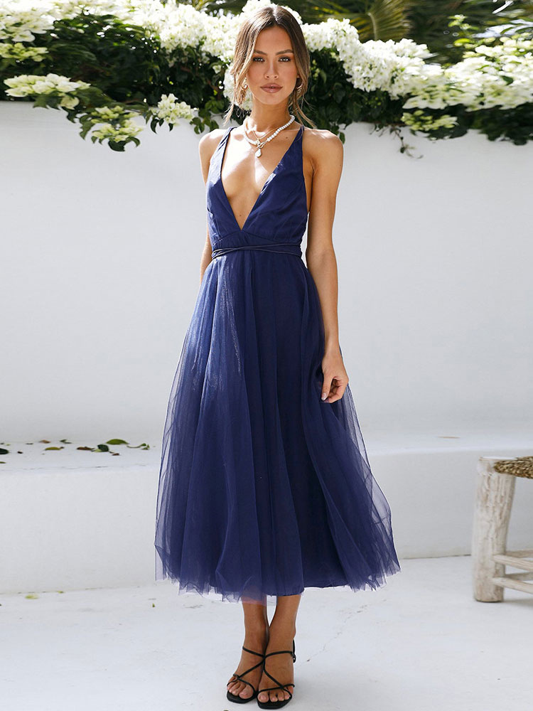Blackless Midi Dress Sleeveless Deep V Tulle Birthday Party Dresses