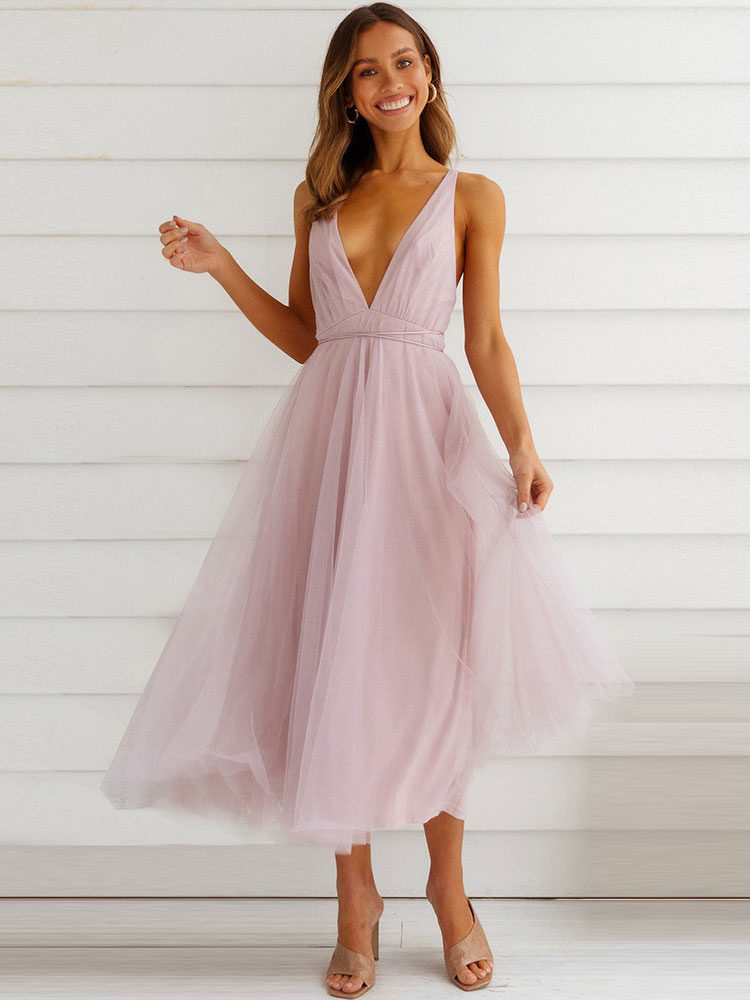 Blackless Midi Dress Sleeveless Deep V Tulle Birthday Party Dresses