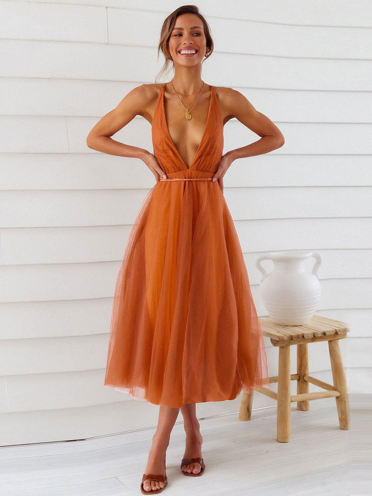 Blackless Midi Dress Sleeveless Deep V Tulle Birthday Party Dresses