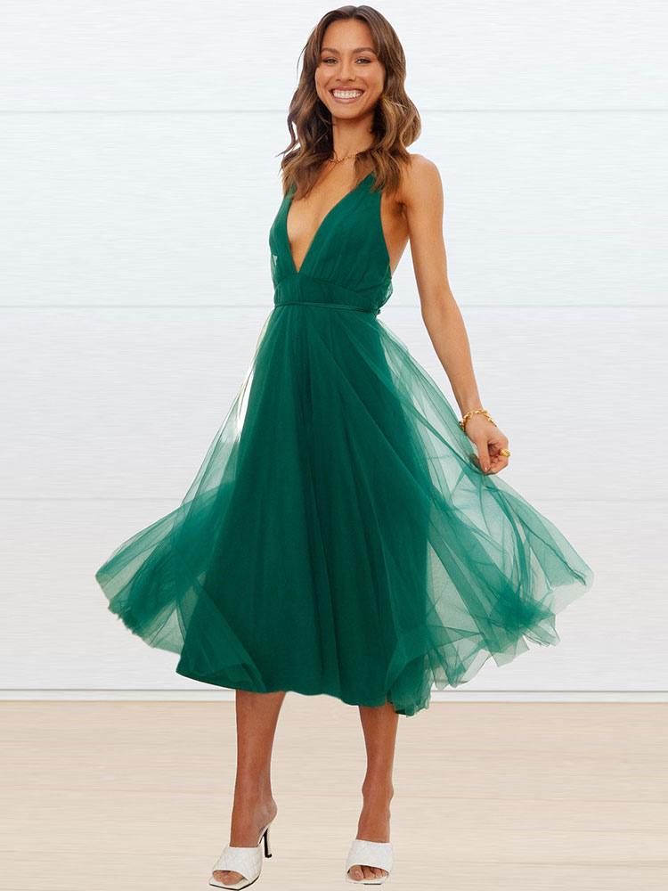 Blackless Midi Dress Sleeveless Deep V Tulle Birthday Party Dresses