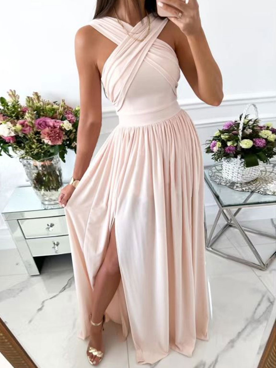 Long Party Dress Cross Neck Split Solid Color Maxi Prom Dress For Women