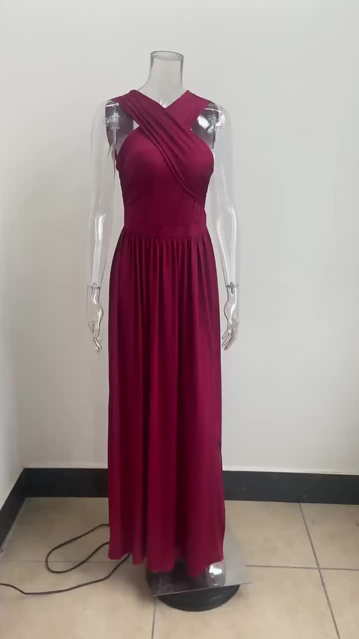 Long Party Dress Cross Neck Split Solid Color Maxi Prom Dress For Women