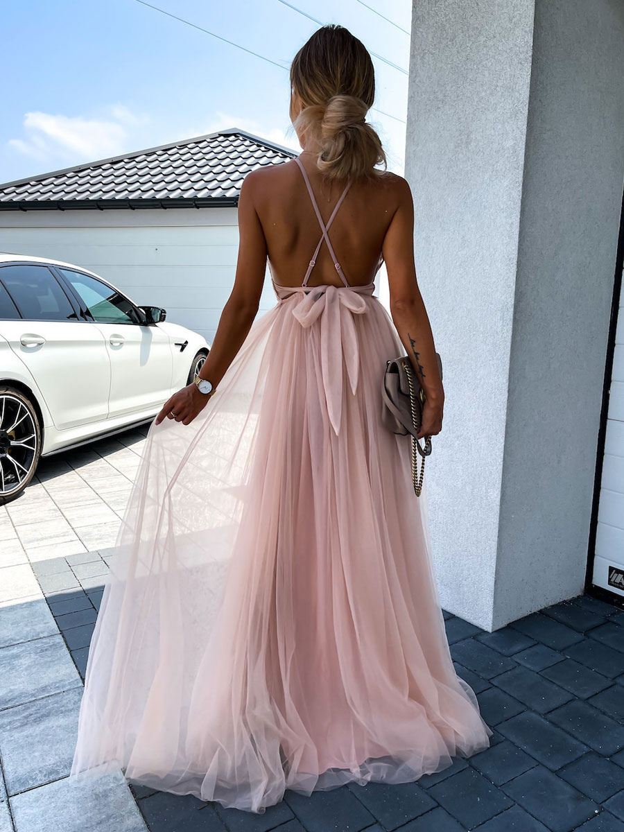 Long Party Dress V neck Backless A-line Split Green Slip Prom Dress For Women