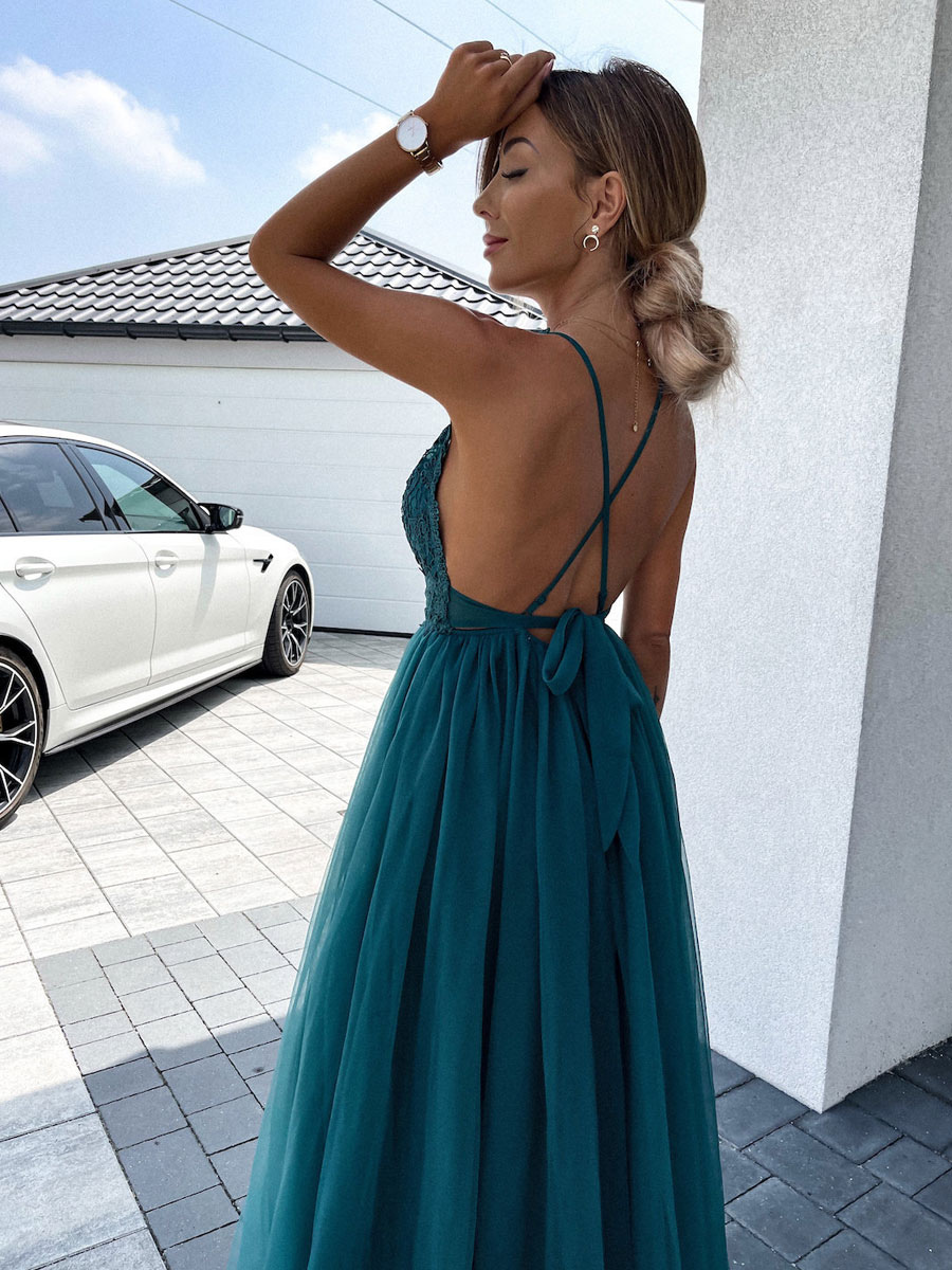 Long Party Dress V neck Backless A-line Split Green Slip Prom Dress For Women