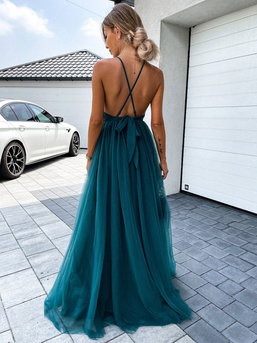 Long Party Dress V neck Backless A-line Split Green Slip Prom Dress For Women