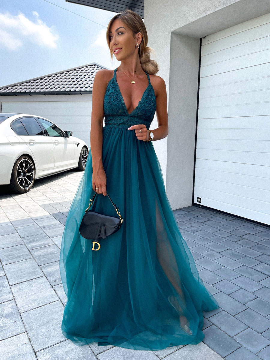 Long Party Dress V neck Backless A-line Split Green Slip Prom Dress For Women