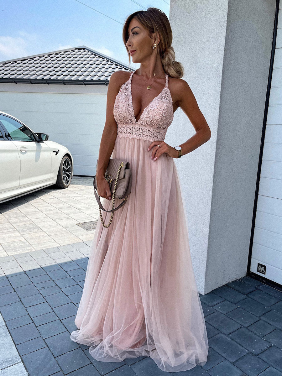 Long Party Dress V neck Backless A-line Split Green Slip Prom Dress For Women