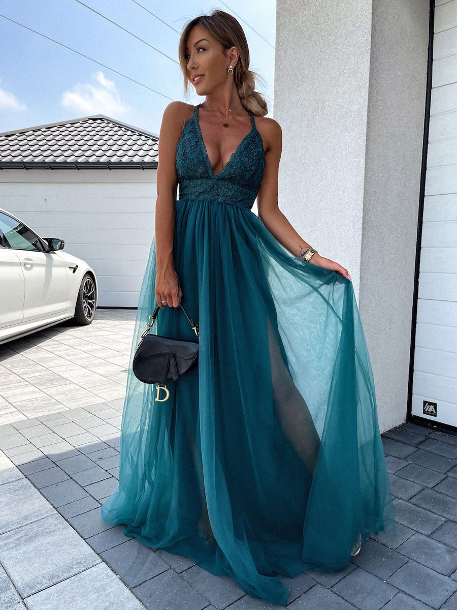 Long Party Dress V neck Backless A-line Split Green Slip Prom Dress Fo