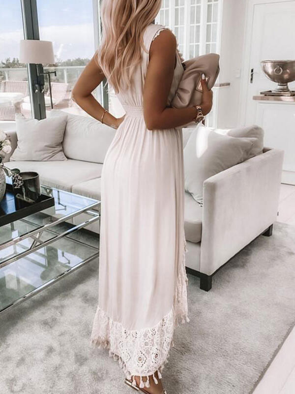 Fringe High Low Design Sexy V-Neck Sleeveless Midi Dress