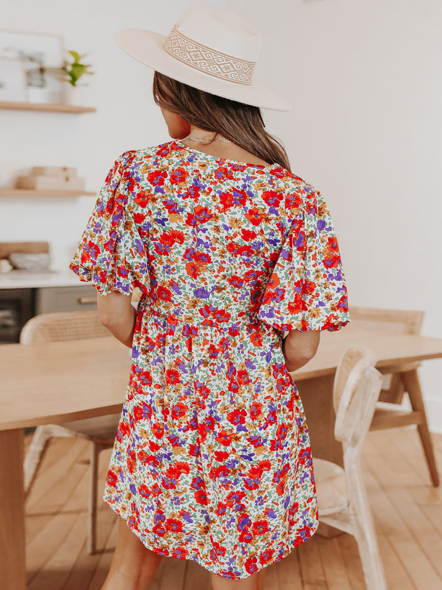 Summer Dress Red V-Neck Floral Print Beach Dress