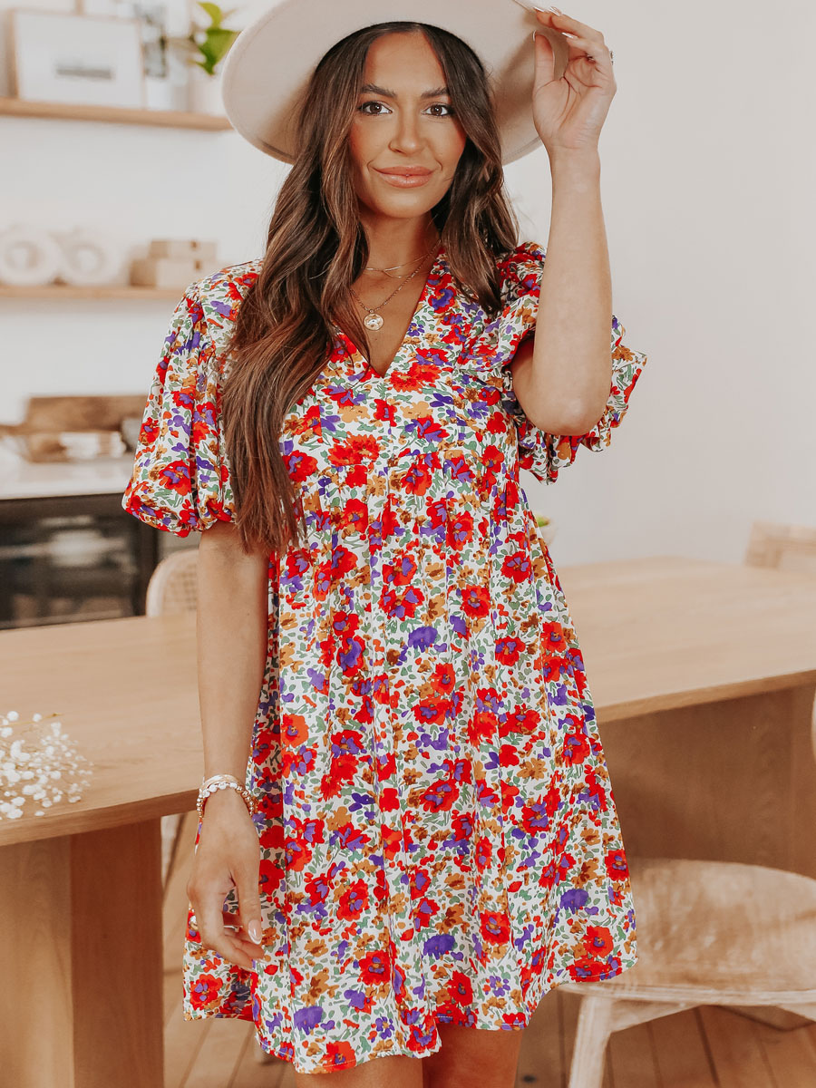 Summer Dress Red V-Neck Floral Print Beach Dress