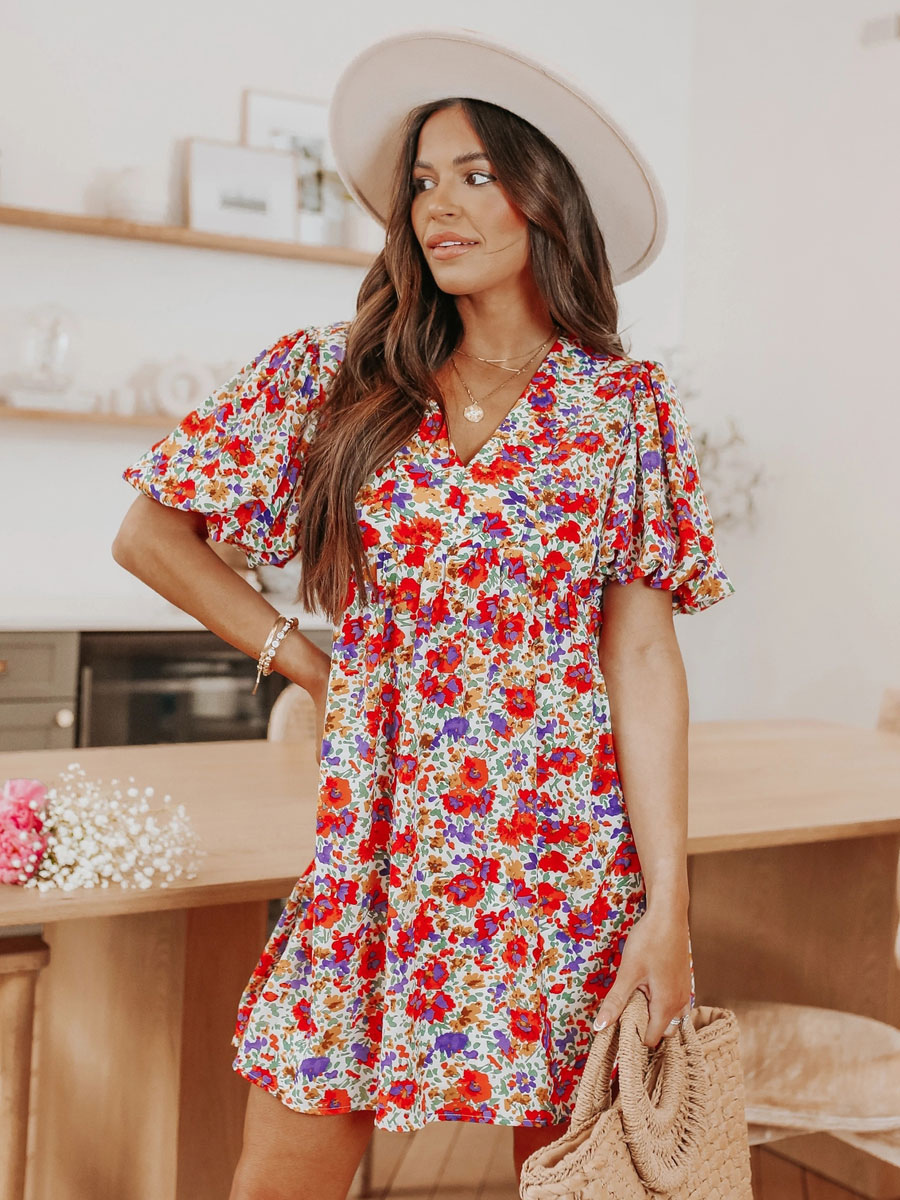 Summer Dress Red V-Neck Floral Print Beach Dress