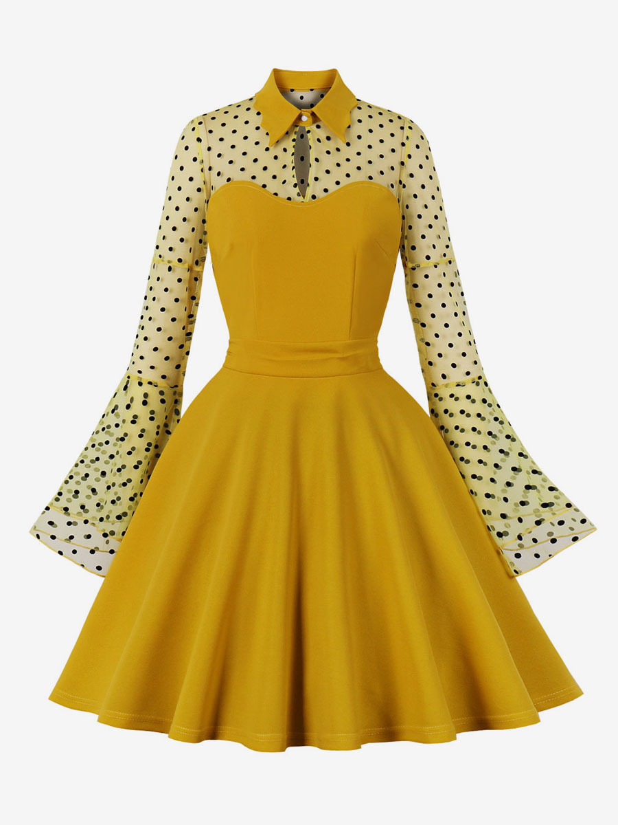 Vintage Dress 1950s Audrey Hepburn Style Yellow Polka Dot Woman's Long Sleeves Swing Dress
