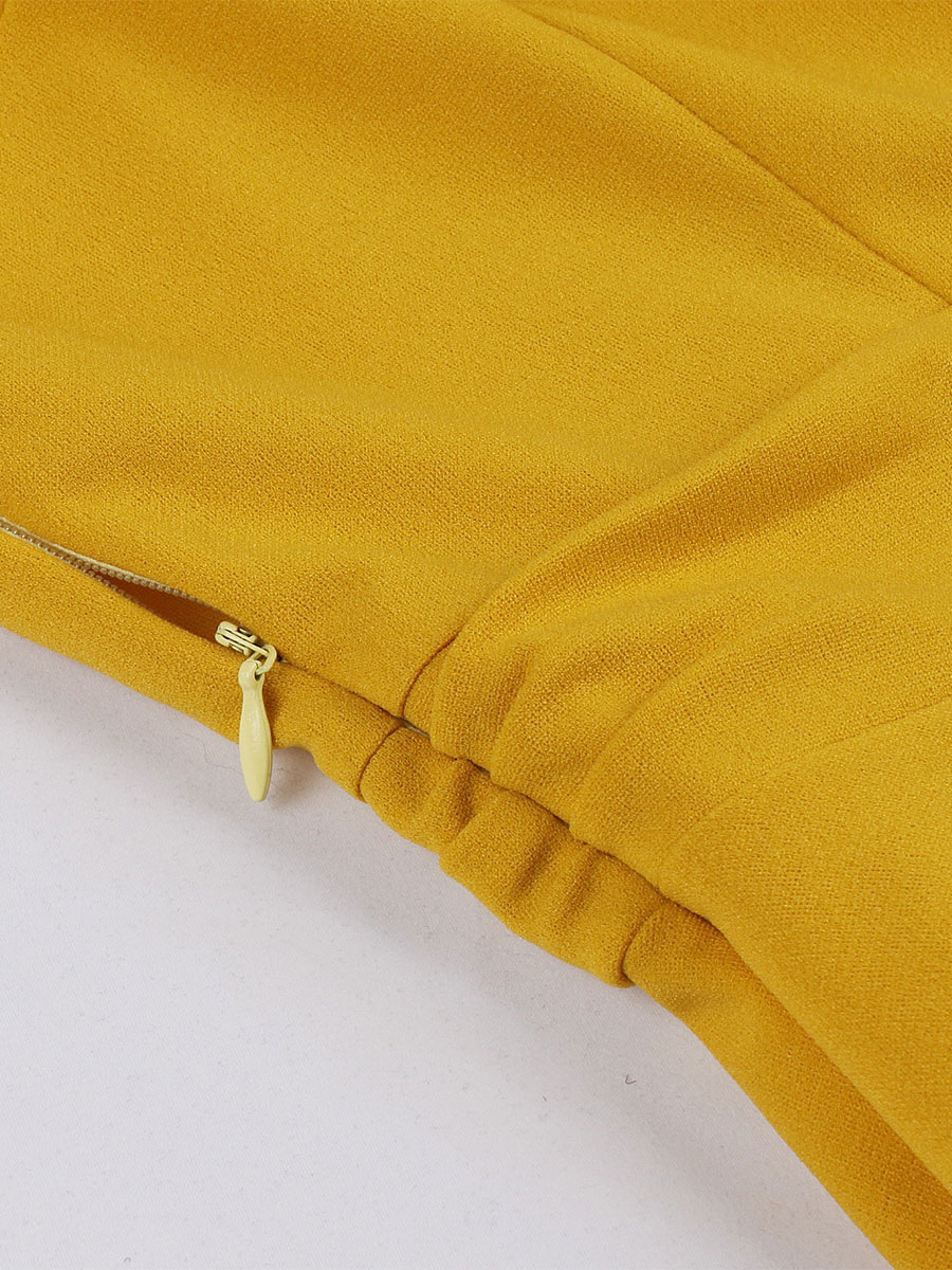 Vintage Dress 1950s Audrey Hepburn Style Yellow Polka Dot Woman's Long Sleeves Swing Dress