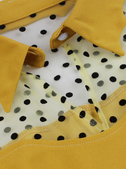 Vintage Dress 1950s Audrey Hepburn Style Yellow Polka Dot Woman's Long Sleeves Swing Dress