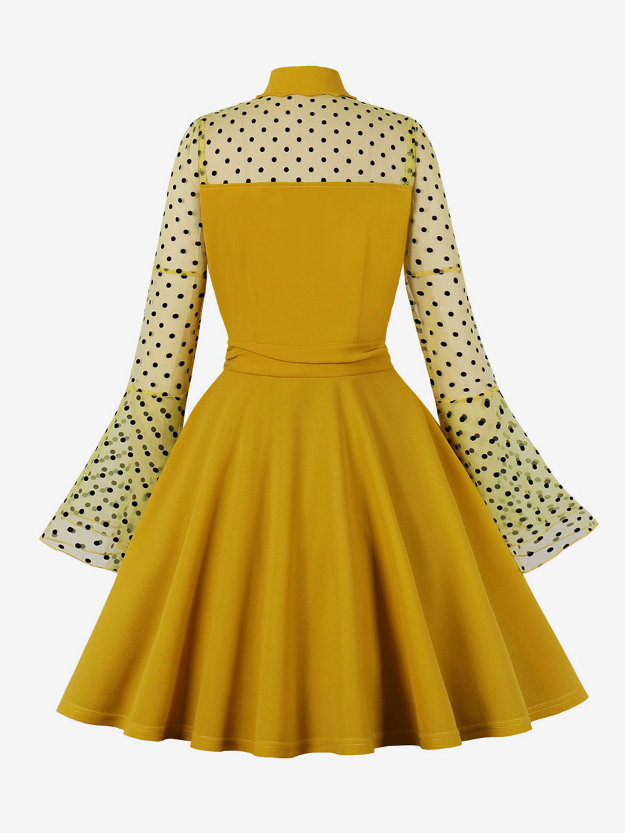 Vintage Dress 1950s Audrey Hepburn Style Yellow Polka Dot Woman's Long Sleeves Swing Dress