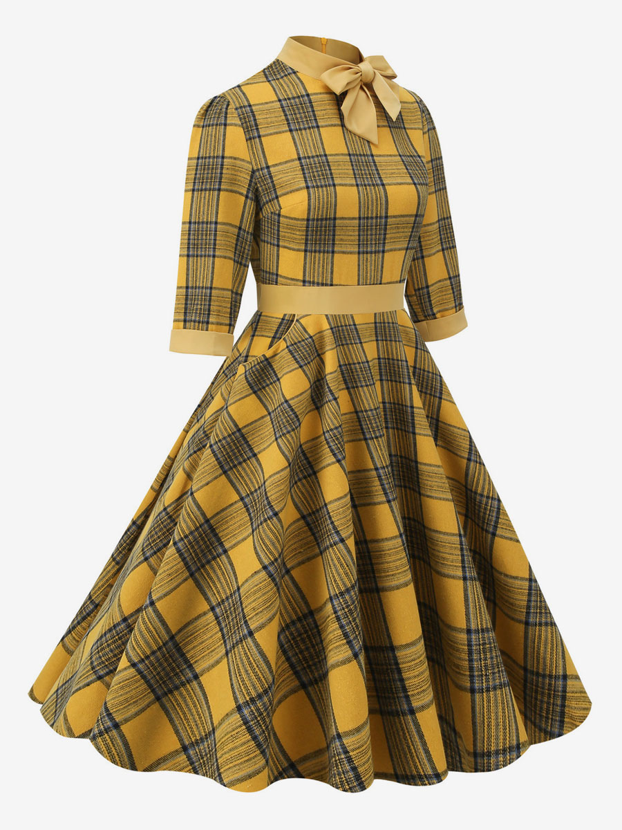 Retro Dress 1950s Audrey Hepburn Style Coffee Brown Plaid Woman's Piping Half Sleeves High Collar Swing Dress