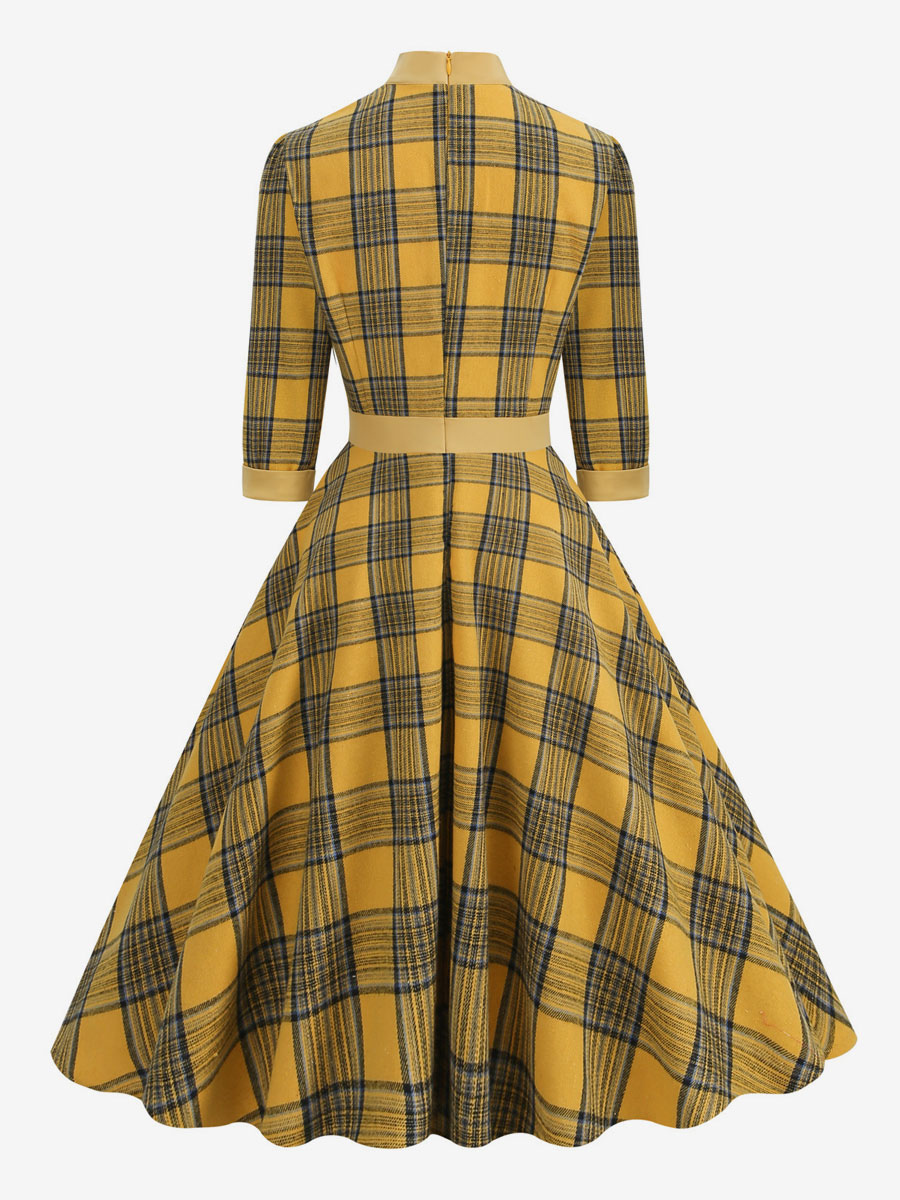 Retro Dress 1950s Audrey Hepburn Style Coffee Brown Plaid Woman's Piping Half Sleeves High Collar Swing Dress