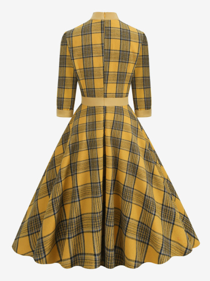 Retro Dress 1950s Audrey Hepburn Style Coffee Brown Plaid Woman's Piping Half Sleeves High Collar Swing Dress