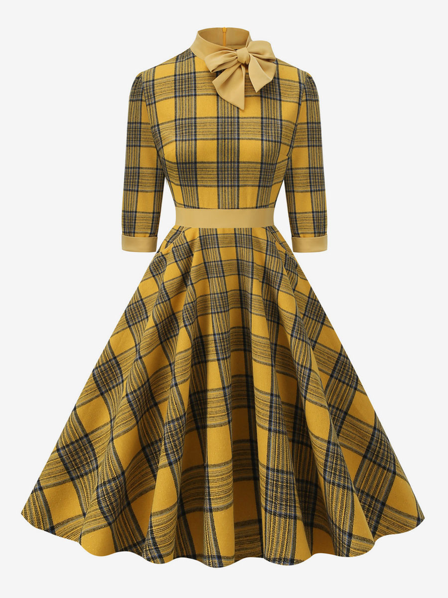 Retro Dress 1950s Audrey Hepburn Style Coffee Brown Plaid Woman's Piping Half Sleeves High Collar Swing Dress
