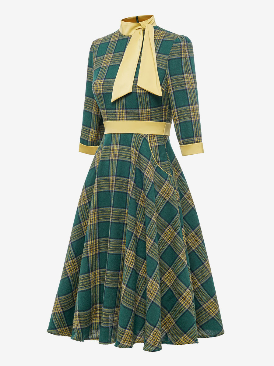 Retro Dress 1950s Audrey Hepburn Style Coffee Brown Plaid Woman's Piping Half Sleeves High Collar Swing Dress