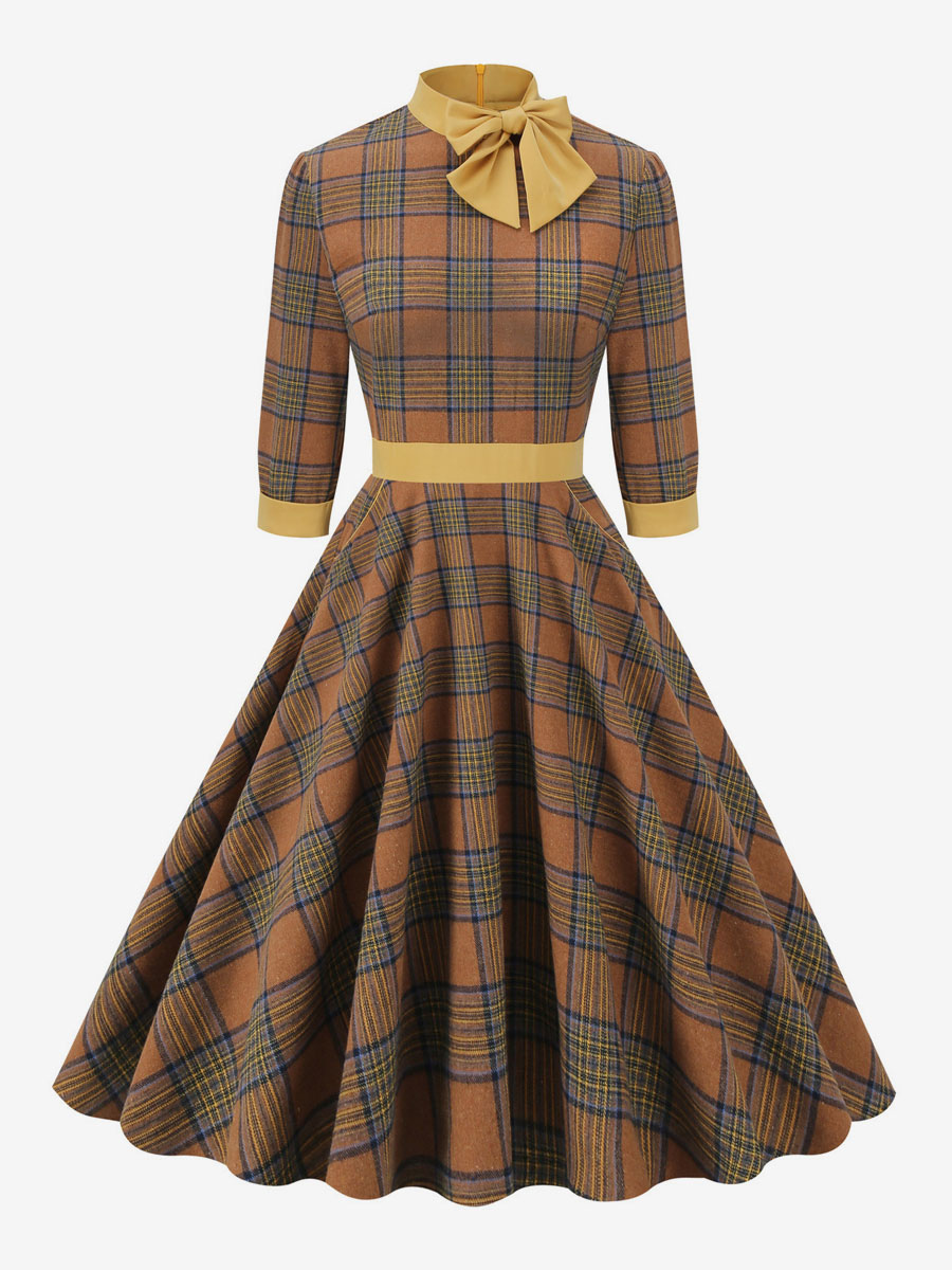 Retro Dress 1950s Audrey Hepburn Style Coffee Brown Plaid Woman's Piping Half Sleeves High Collar Swing Dress