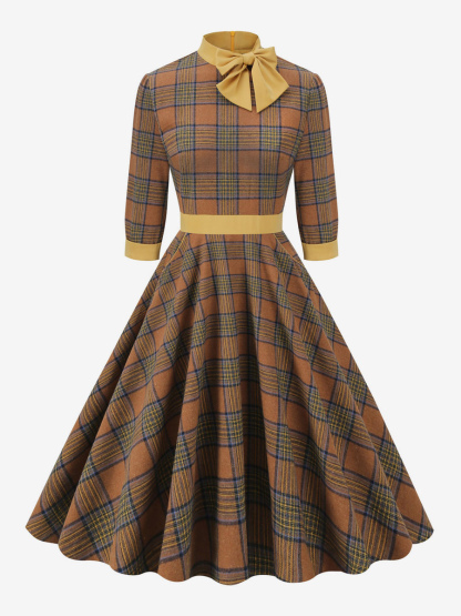 Retro Dress 1950s Audrey Hepburn Style Coffee Brown Plaid Woman's Piping Half Sleeves High Collar Swing Dress