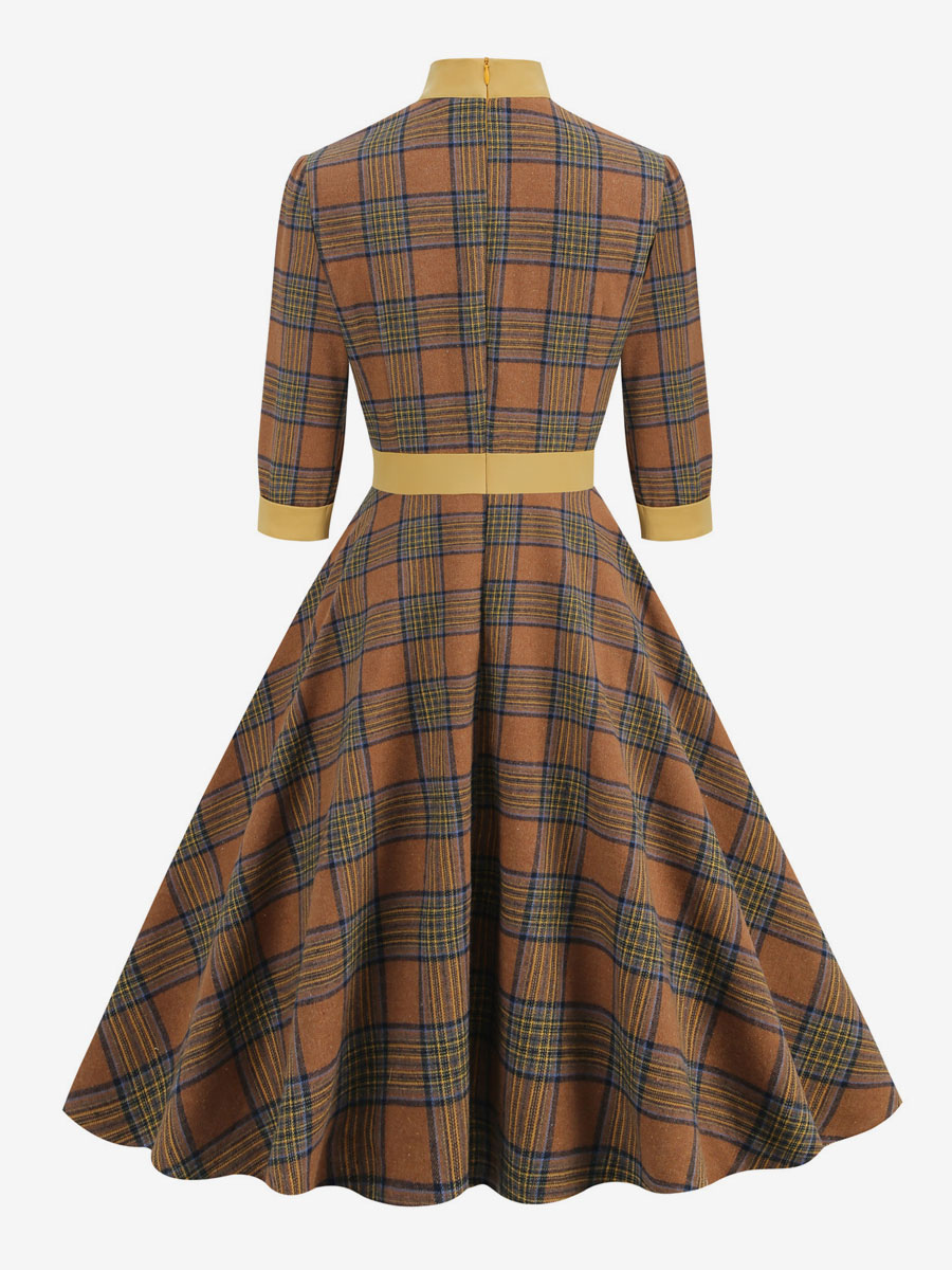 Retro Dress 1950s Audrey Hepburn Style Coffee Brown Plaid Woman's Piping Half Sleeves High Collar Swing Dress