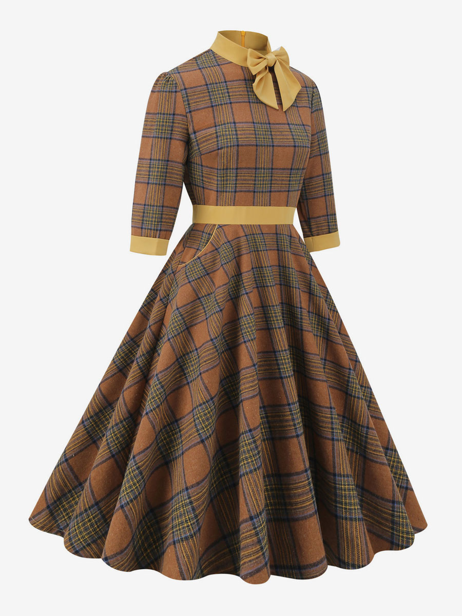 Retro Dress 1950s Audrey Hepburn Style Coffee Brown Plaid Woman's Piping Half Sleeves High Collar Swing Dress