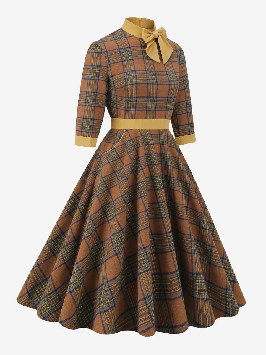 Retro Dress 1950s Audrey Hepburn Style Coffee Brown Plaid Woman's Piping Half Sleeves High Collar Swing Dress