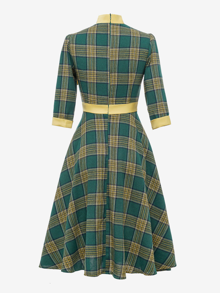 Retro Dress 1950s Audrey Hepburn Style Coffee Brown Plaid Woman's Piping Half Sleeves High Collar Swing Dress