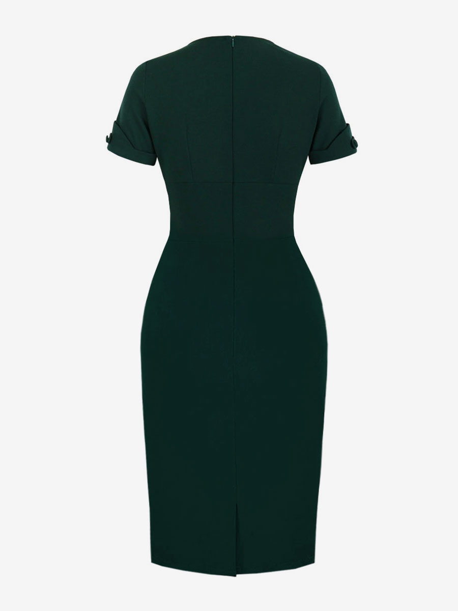 Bodycon Dresses Dark Green Short Sleeves Retro V-Neck Slim Fit Dress Sheath Dress