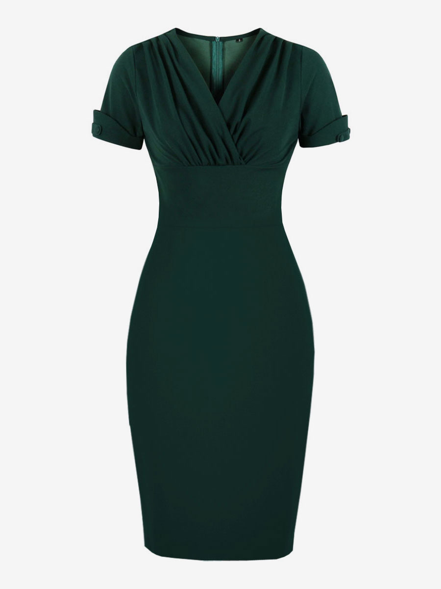 Bodycon Dresses Dark Green Short Sleeves Retro V-Neck Slim Fit Dress S