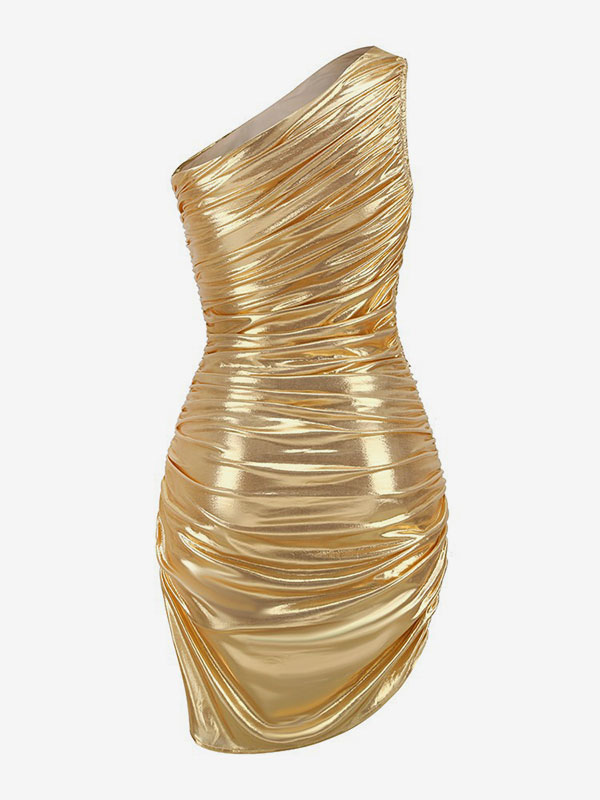 Gold Party Dresses Pleated One-Shoulder Birthday Semi Formal Prom Dress