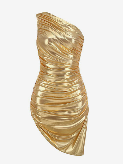 Gold Party Dresses Pleated One-Shoulder Birthday Semi Formal Prom Dress