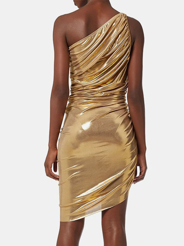 Gold Party Dresses Pleated One-Shoulder Birthday Semi Formal Prom Dress