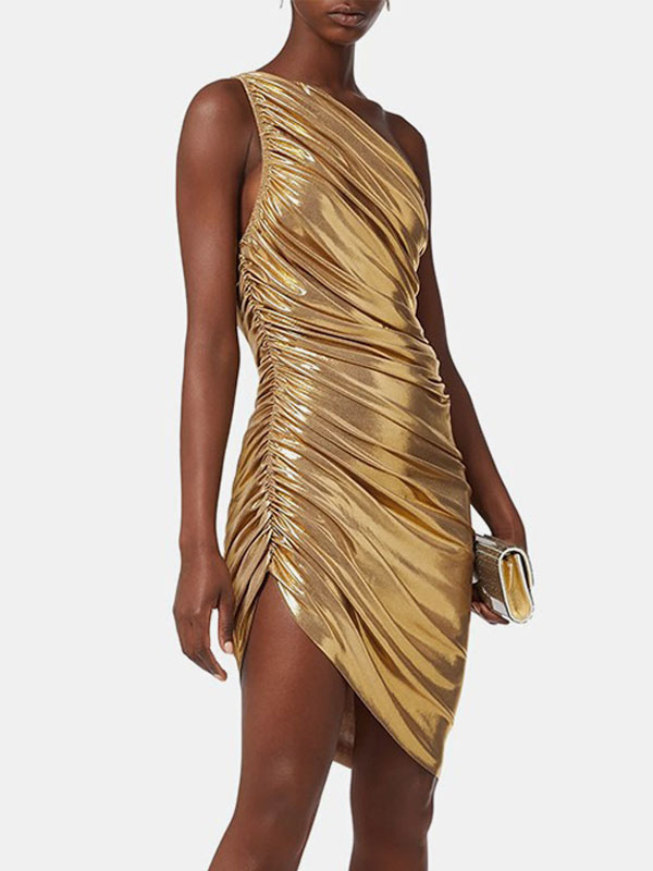 Gold Party Dresses Pleated One-Shoulder Birthday Semi Formal Prom Dress