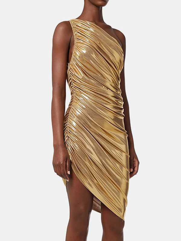 Gold Party Dresses Pleated One-Shoulder Birthday Semi Formal Prom Dress