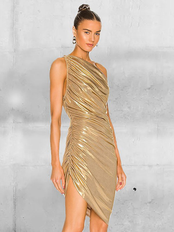 Gold Party Dresses Pleated One-Shoulder Birthday Semi Formal Prom Dress