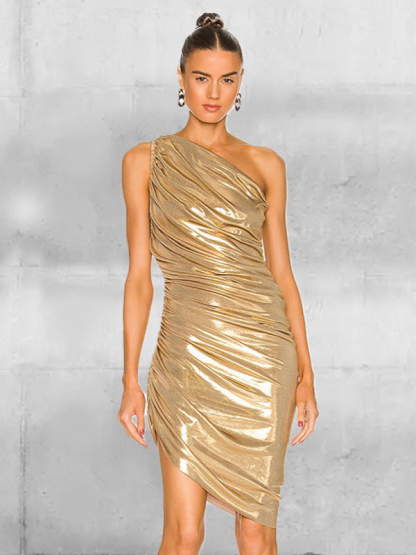 Gold Party Dresses Pleated One-Shoulder Birthday Semi Formal Prom Dres