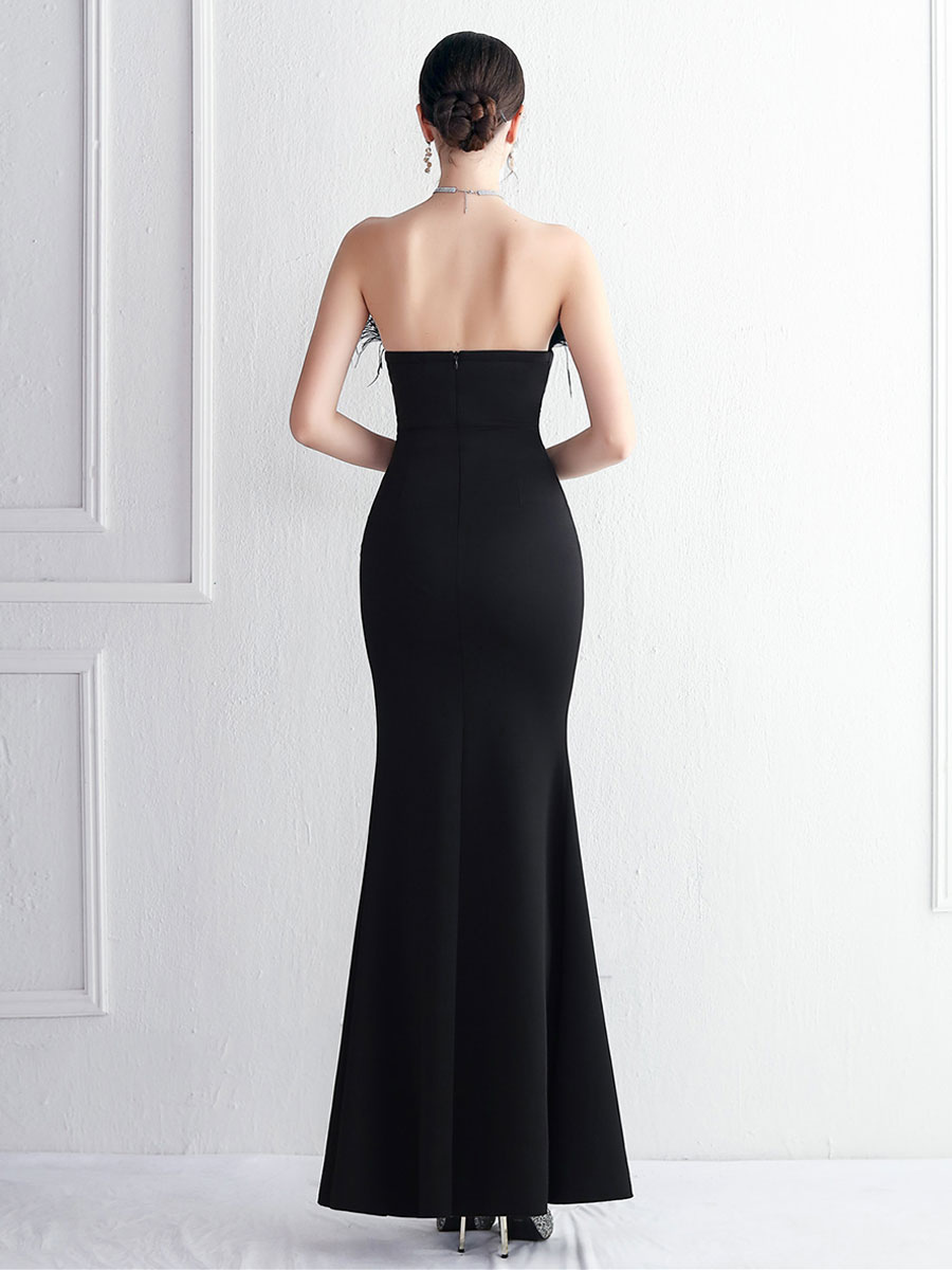 Maxi Party Dresses Feathers Sleeveless High-slit Birthday Semi Formal Prom Dress