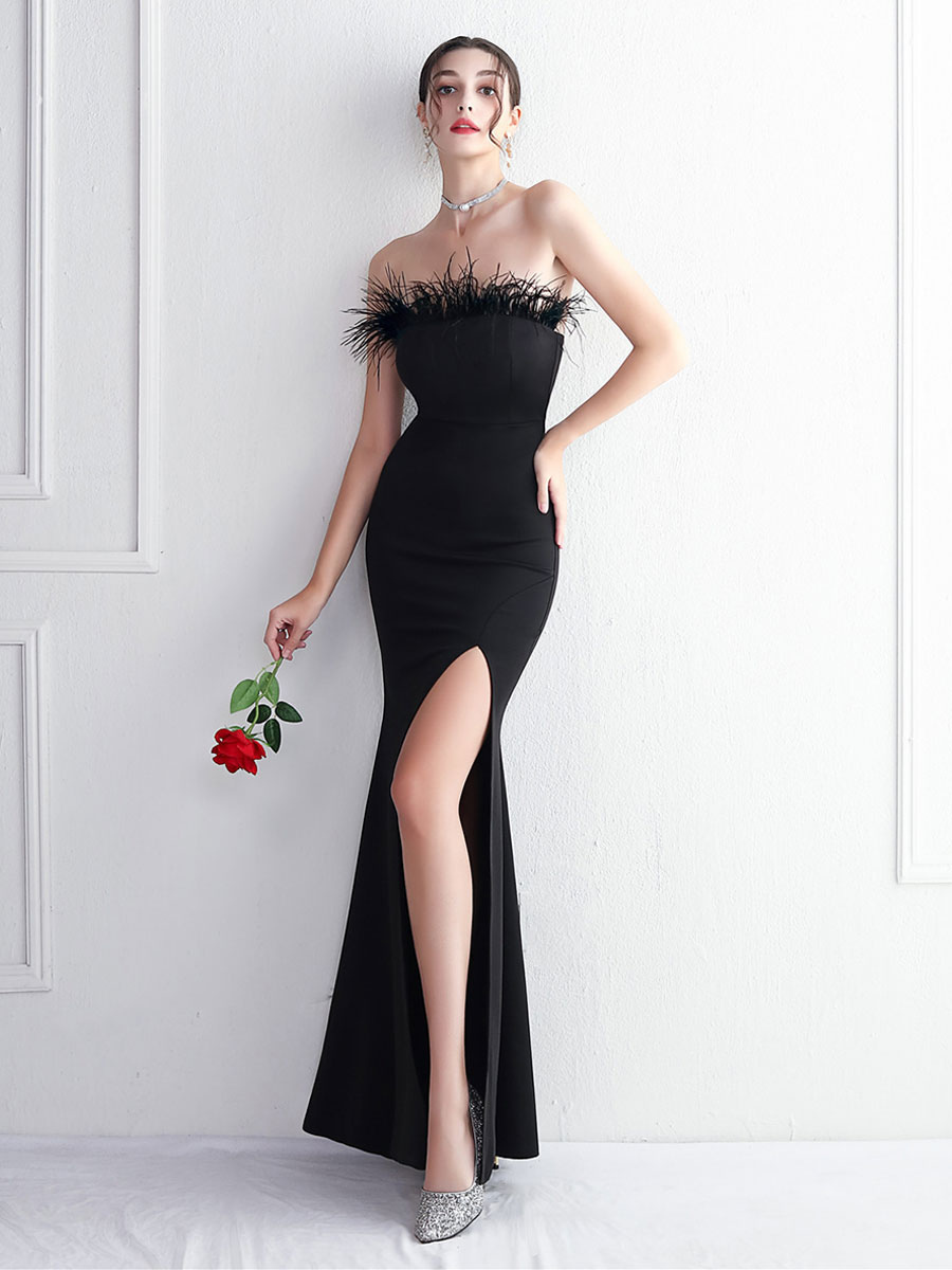 Maxi Party Dresses Feathers Sleeveless High-slit Birthday Semi Formal Prom Dress