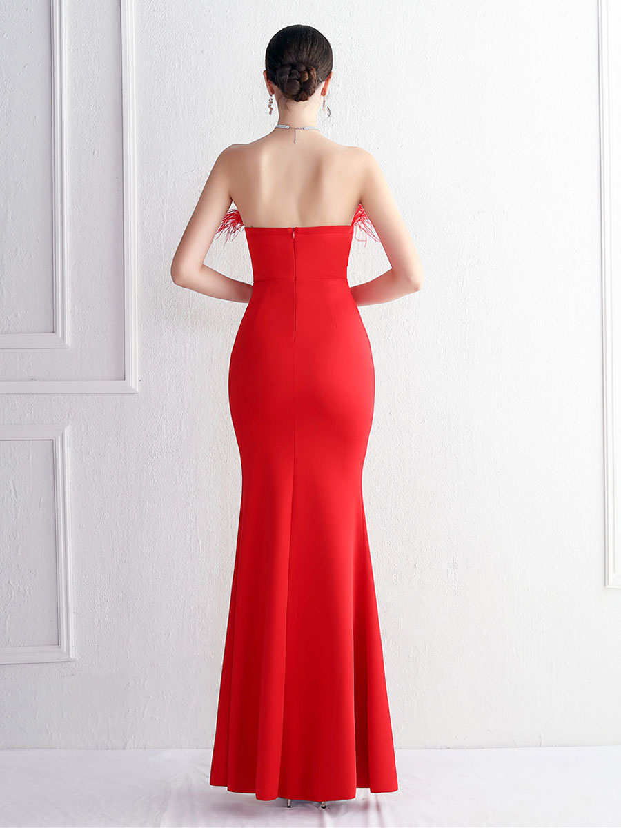 Maxi Party Dresses Feathers Sleeveless High-slit Birthday Semi Formal Prom Dress