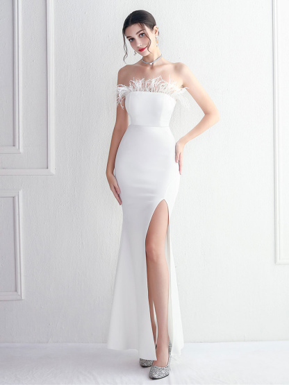 Maxi Party Dresses Feathers Sleeveless High-slit Birthday Semi Formal Prom Dress