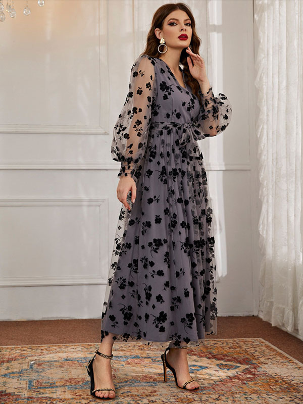 V-Neck Maxi Dress Long Sleeves Casual Floral Print Sheer Lace Long Dress