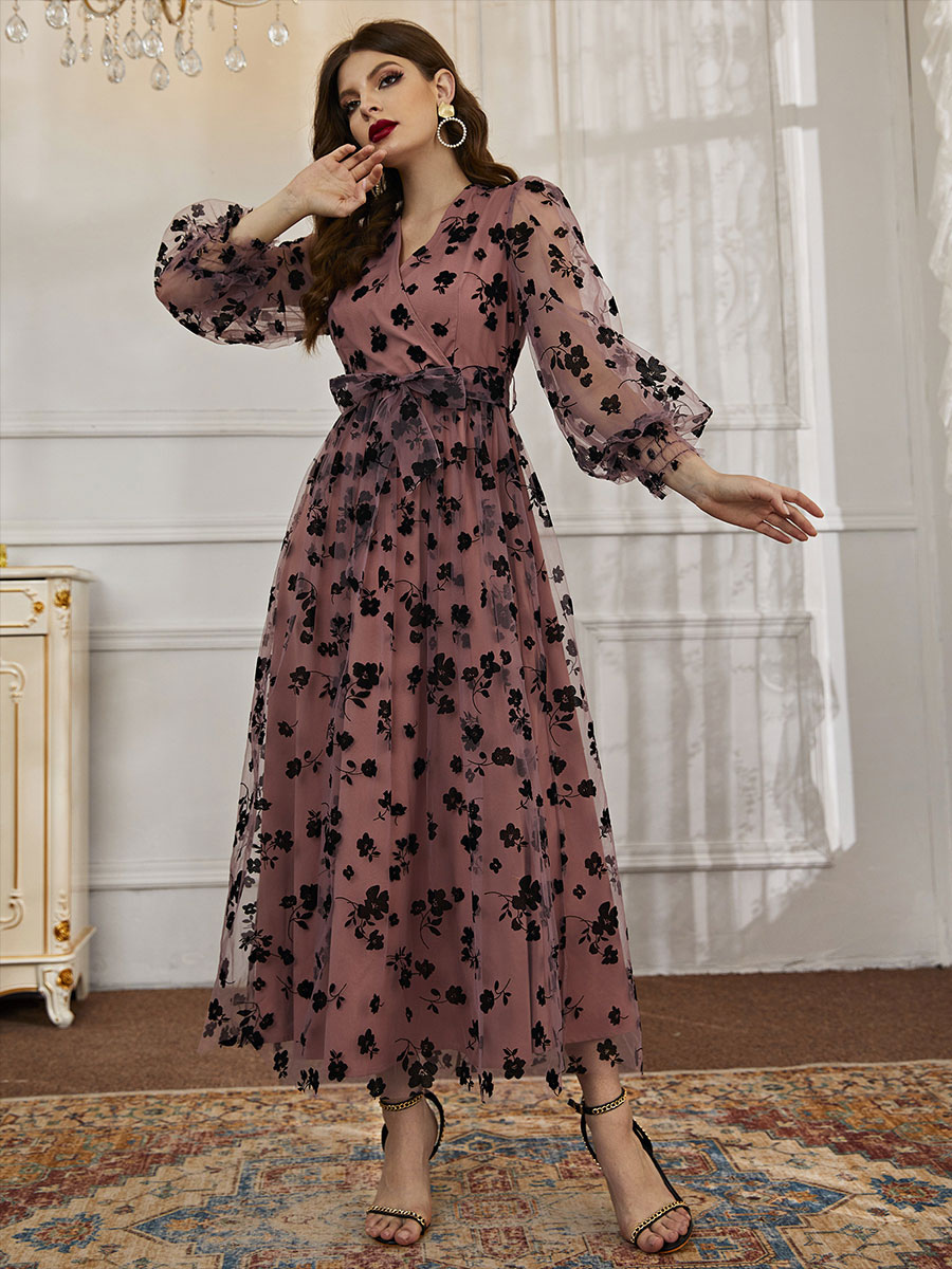 V-Neck Maxi Dress Long Sleeves Casual Floral Print Sheer Lace Long Dress