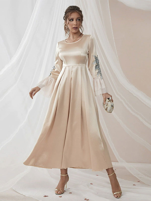 Maxi Dress Apricot Long Sleeves Embroidered Long Prom Dress