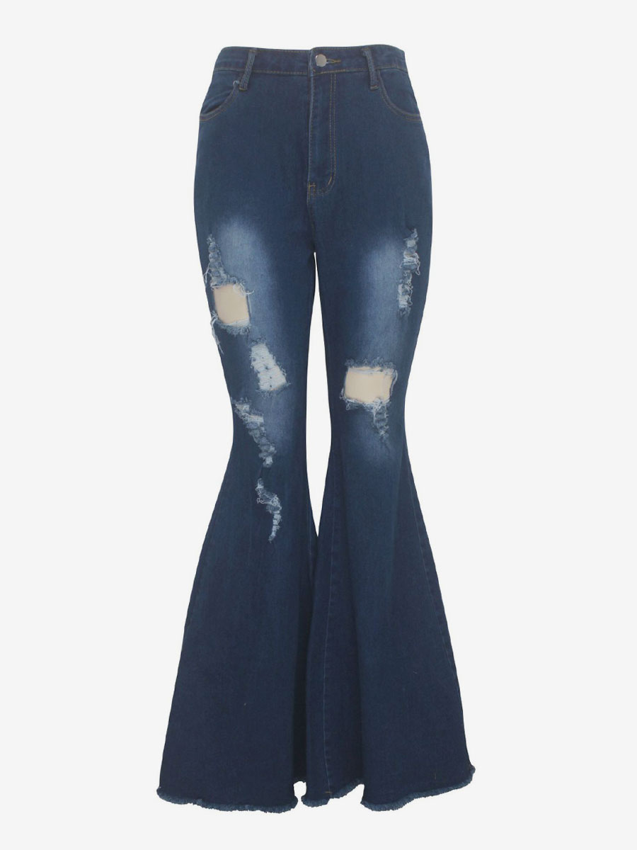 Flare Jeans Raw Edge Ripped High Rise Bell Bottoms For Women 2024
