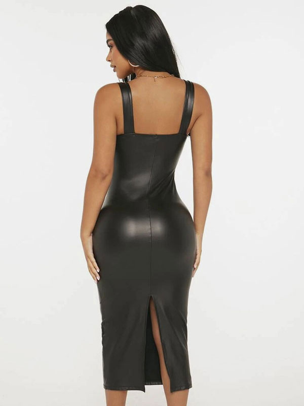 Bodycon Dresses Black Sleeveless Split Front Sexy Square Neck Low-slit Midi Sheath Dress